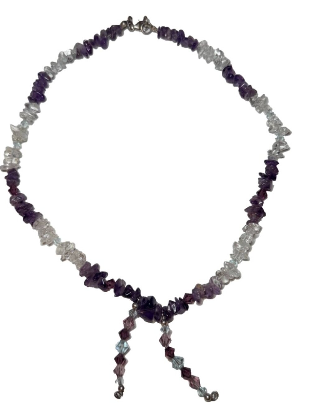 Elegant amethyst chip necklace with clear quartz beads and dangling pendant